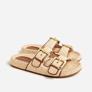 J. Crew Raffia Double-Buckle Slide Sandals in Beige with Gold Buckles